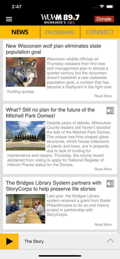 WUWM Milwaukee’s NPR - Screenshot of the WUWM Milwaukee NPR app showing a list of local news stories and a bottom audio player.