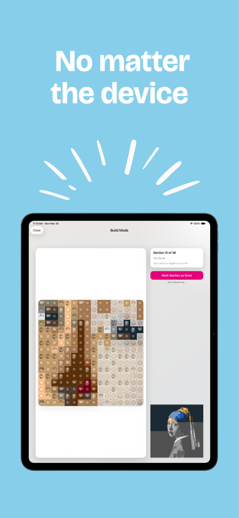 Brickart - A interface do Modo de Construção do aplicativo Brickart em um iPad, mostrando um plano de mosaico de blocos.