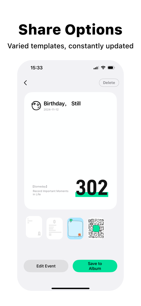 SomeDay - CountDown & CountUP - Interface of the SomeDay app showing various aesthetic templates for sharing countdown and count-up events
