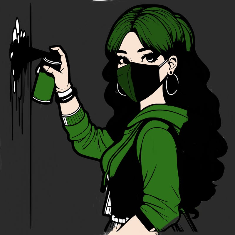 realistic girl with mask spray painting a wall