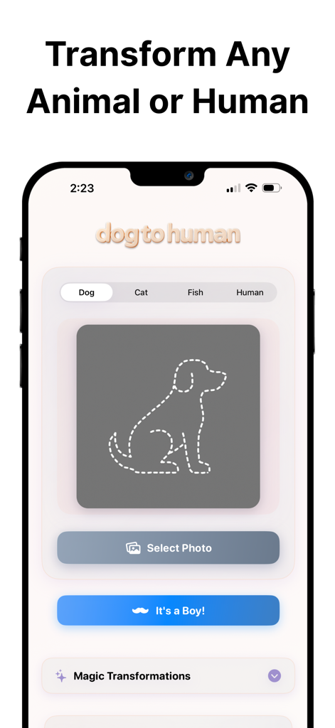 Interfaz de la app móvil Perro a Humano mostrando la pantalla de carga de fotos y opciones de transformación de animales para perro, gato, pez y humano