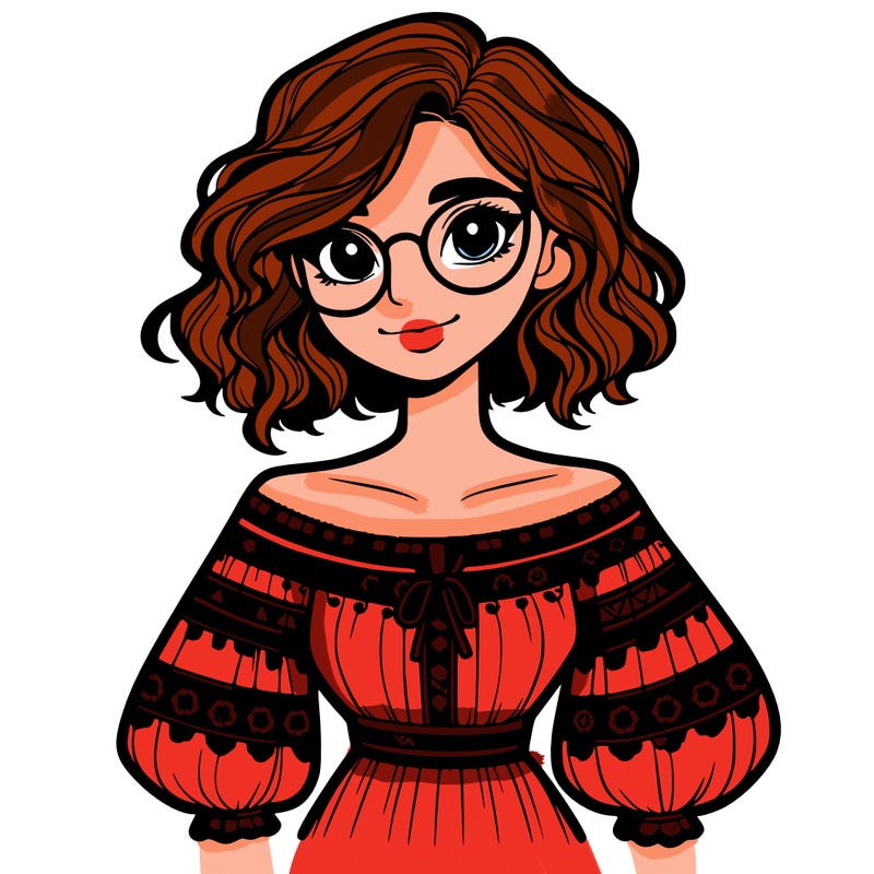one girl with medium short hair, which are wavy. she has round glasses. she wears a latina outfit.
