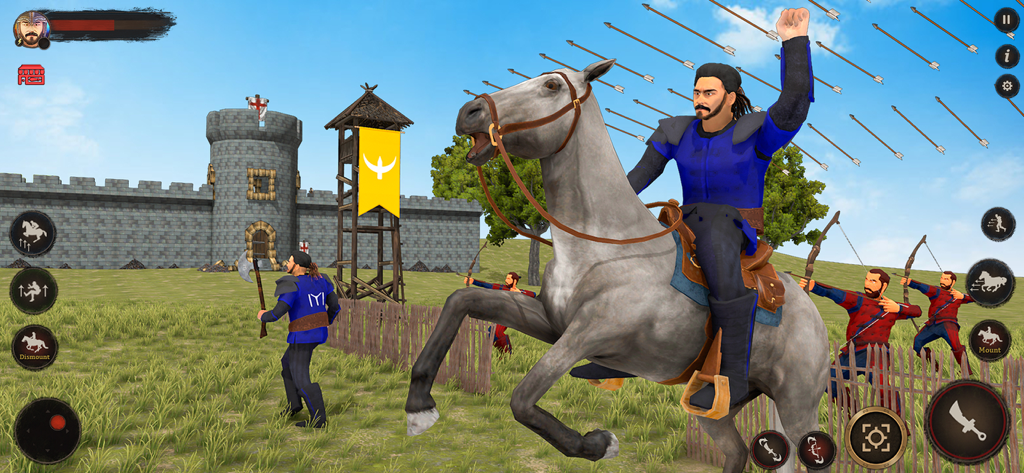 Osman Gazi su un cavallo bianco imbizzarrito davanti a un castello di pietra durante una battaglia