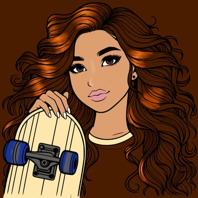 realistic girl with a skateboard with wavy hair