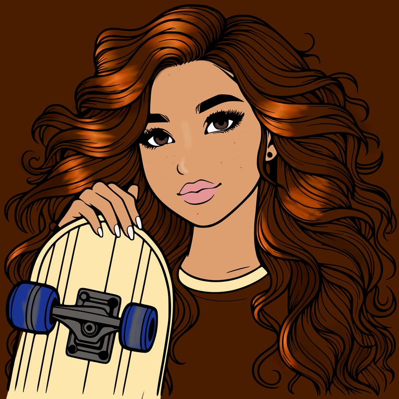 realistic girl with a skateboard with wavy hair