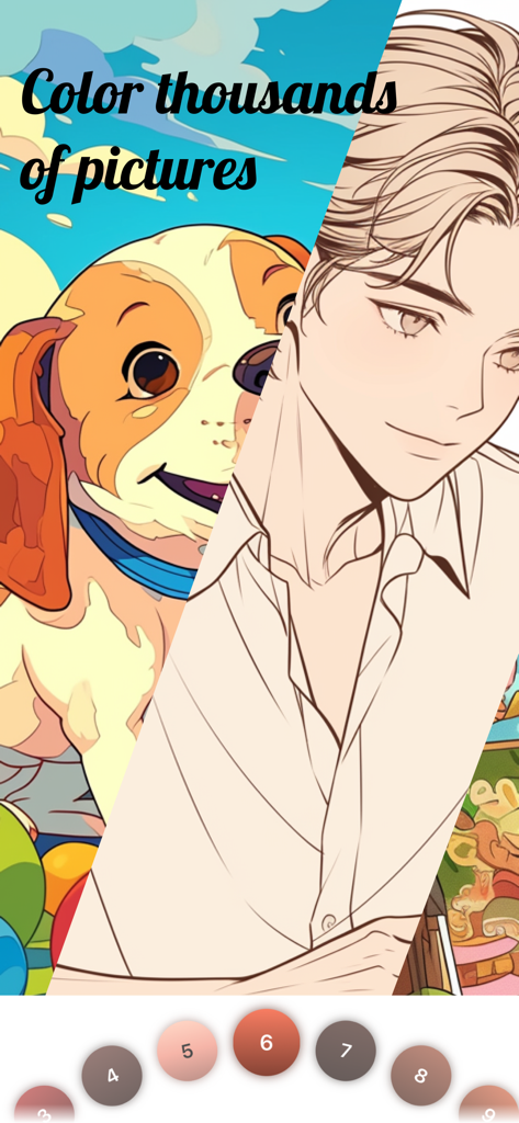 Fun Color - Color by Number - A coloring app screen displaying an illustration of a dog and a man's portrait with a numbered color palette at the bottom.