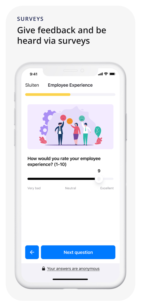 Mobile screen showing an anonymous employee experience survey with a rating slider.