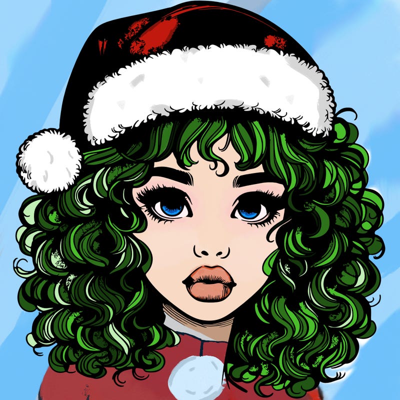 realistic girl with a santa hat curly hair and lips