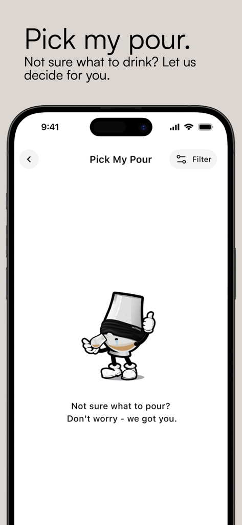 OnlyDrams app Pick My Pour screen featuring a cartoon glass character helping whiskey collectors choose their next drink