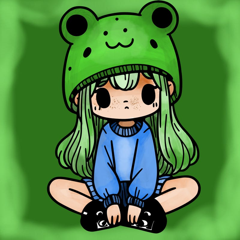 a girl wearing a frog hat and some frog socks