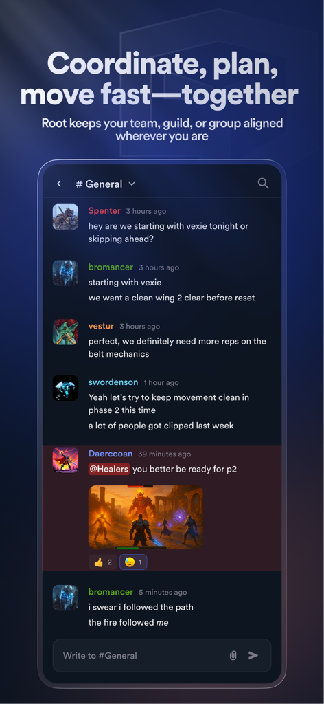Root: Built for Community - Root app mobile interface showing a gaming guild chat conversation for coordination and planning