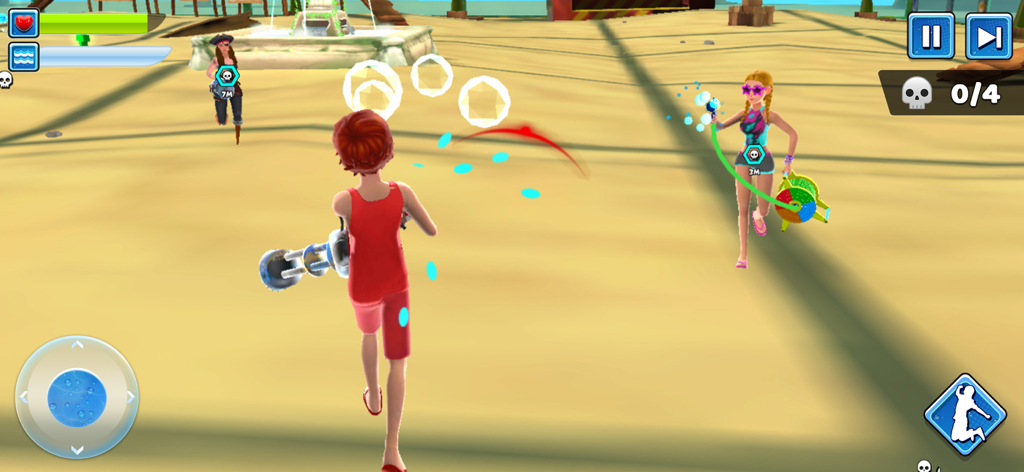 晴れたビーチパークで、赤い衣装のキャラクターが水鉄砲の戦いに参加している