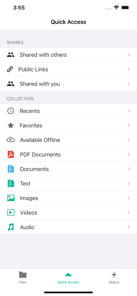 Menú de Acceso Rápido de la aplicación móvil ownCloud Online que muestra categorías de archivos y elementos compartidos