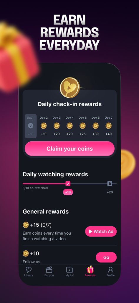 Shorts - Reel Short Drama - A interface de recompensas do aplicativo Shorts mostrando moedas de check-in diário e recompensas de visualização