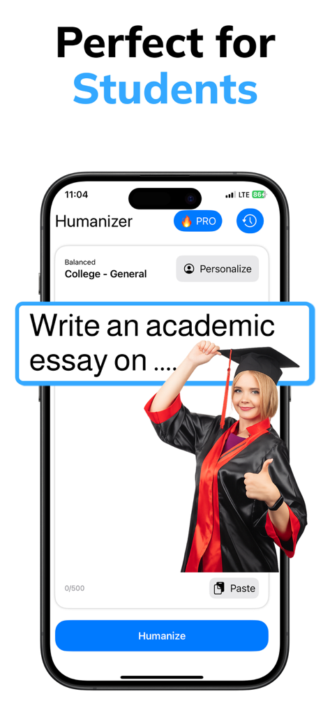 Pass AI Humanizer app interface showing an academic essay humanization tool for students.
