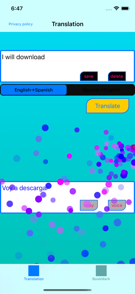 English to Spanish Translator. - A mobile app screen showing the English to Spanish translation of the phrase I will download.