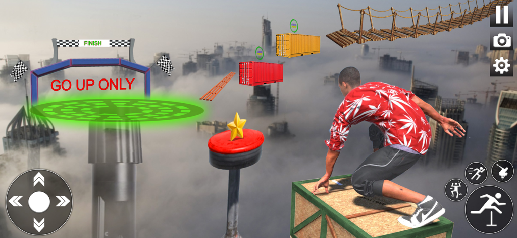 Jumping Up Parkour Sim 3D Game - A player character in a parkour simulation game jumping across platforms high above a city skyline