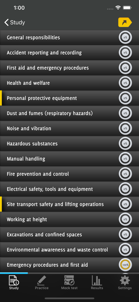ECS Card Revision - ECS Card revision app screen showing study categories and progress percentages