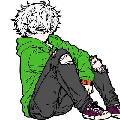 a male hoddie ripped jeans messy hair anime