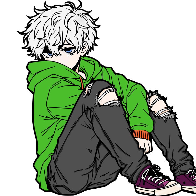 a male hoddie ripped jeans messy hair anime