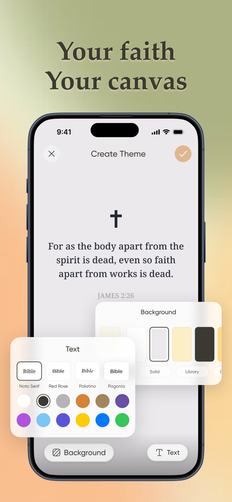 Bible Widget & Verse - Biblo - Interfaz de la aplicación Biblo que muestra la personalización de fuentes y fondos para un widget de versículos bíblicos.