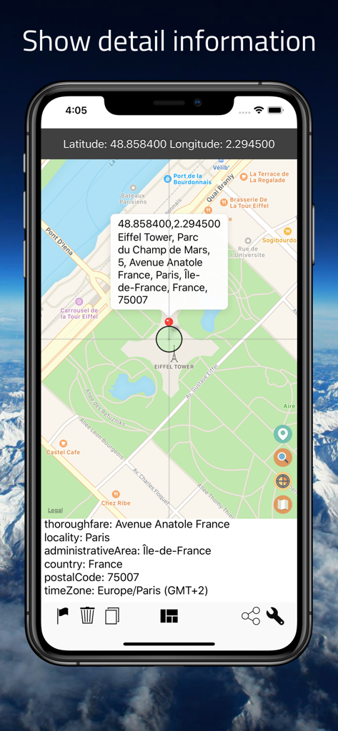 AddressFinder - Zipcode Lookup - Screenshot of AddressFinder app showing precise map coordinates and detailed address information for a location in Paris