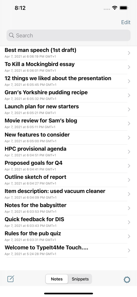 TypeIt4Me Touch - A list of saved notes within the TypeIt4Me Touch app interface showing titles like speech drafts and essays.