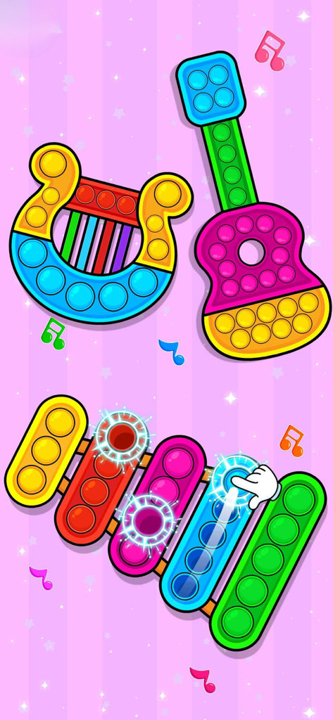 Colorful pop it style toy instruments including a xylophone harp and guitar in the baby piano app
