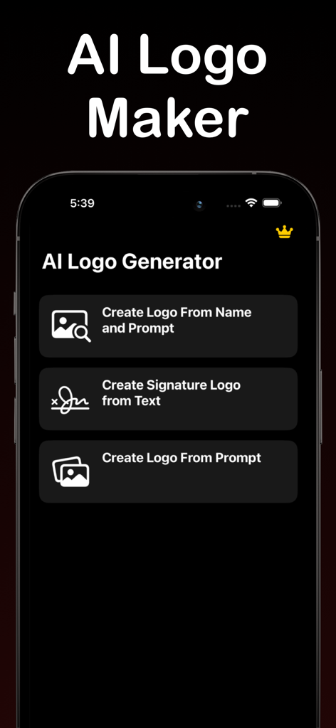 AI Logo Maker - NextLogo - Pantalla de smartphone mostrando la interfaz de la aplicación AI Logo Maker con opciones para crear logotipos a partir de nombres, texto o indicaciones.