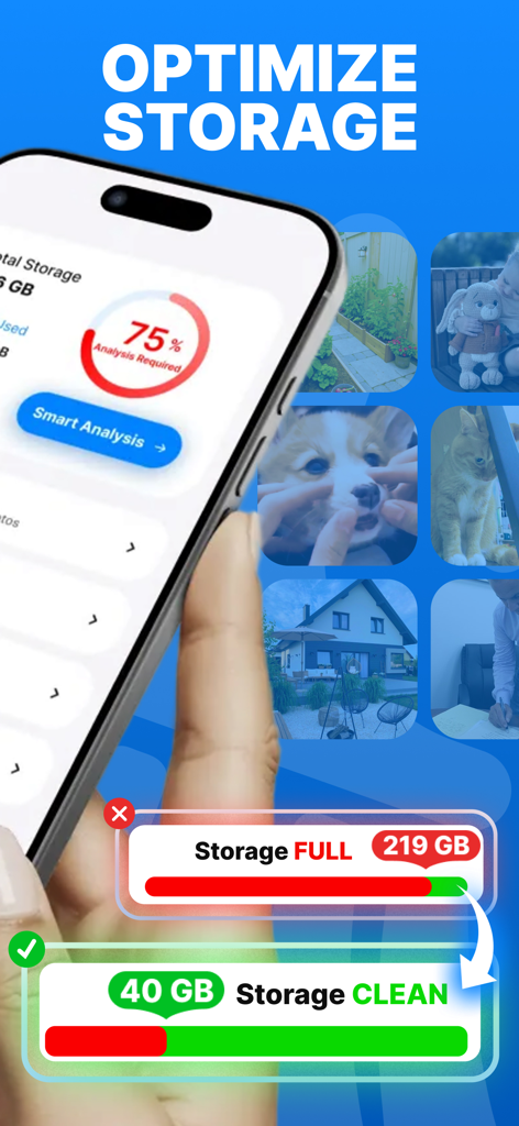 Cleaner Pro app interface showing iPhone storage optimization from full to clean.