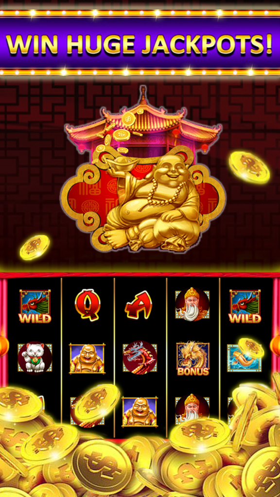 Dragon Slots: Online Casino - Screenshot di gioco di Dragon Slots Online Casino che mostra un Buddha d'oro e bobine di slot machine con uno striscione 'vinci jackpot enormi'