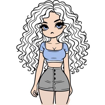 crop top girl with very short skirt and curly long hair
