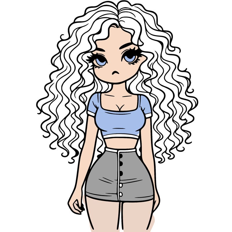 crop top girl with very short skirt and curly long hair