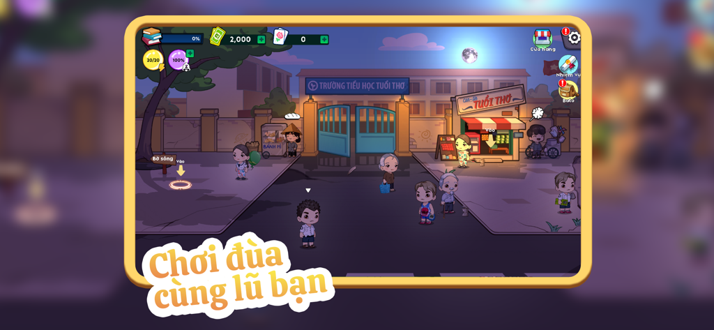 Trở Về Tuổi Thơ - Uma cena nostálgica de jogo de simulação de vida 2D mostrando uma entrada de escola com vendedores de rua e crianças no Vietname