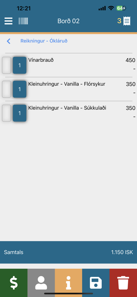 Regla POS - Regla POS mobile app interface displaying an itemized order list and total amount for a cafe table