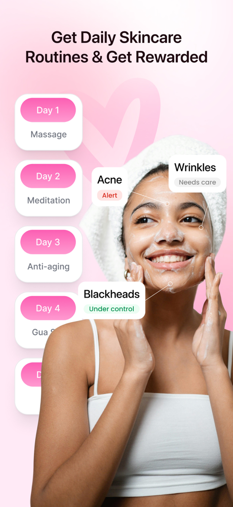 Solvi: Skincare Club - Solvi app interface displaying daily skincare routines and AI skin analysis tags on a woman's face.