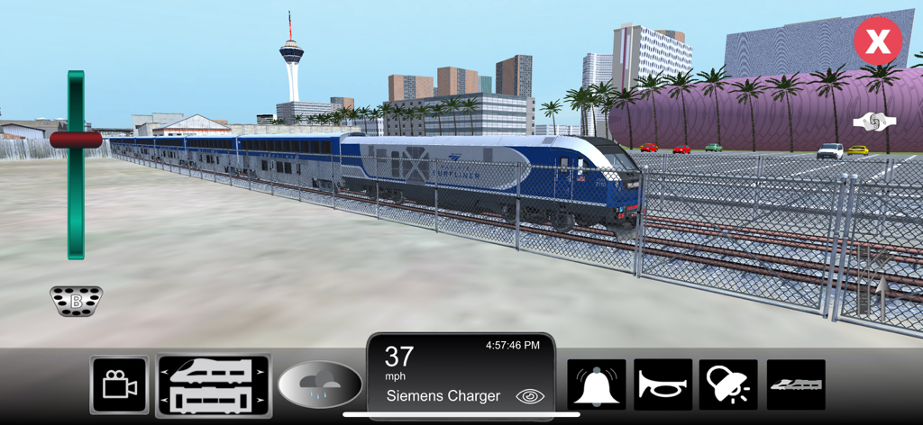 Train Sim Pro - A 3D simulation of a blue and white Siemens Charger train traveling through a city environment in the Train Sim Pro app.