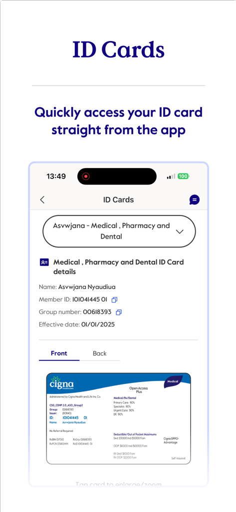 A mobile screen from the myCigna app showing a digital medical and dental insurance ID card.