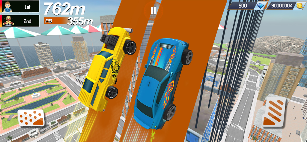 Monster Truck 4x4 Racing Games - A yellow and a blue monster truck racing on elevated orange tracks through a city skyline in a mobile game.