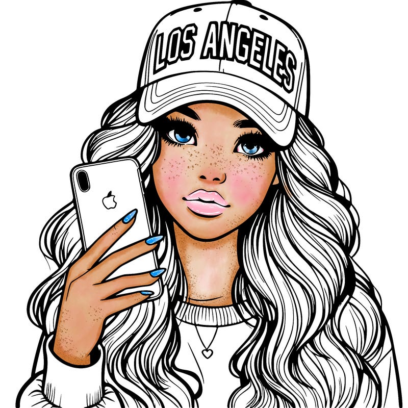 realistic beautiful girl wearing los ángeles cap holding an iphone