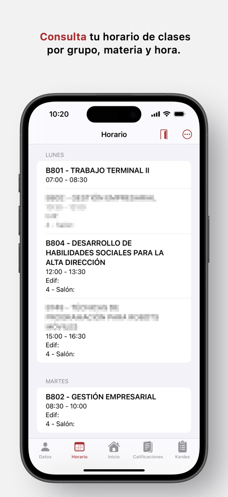 SAES for Studentsアプリのインターフェイス。iPhoneに学生の授業スケジュールが表示されます