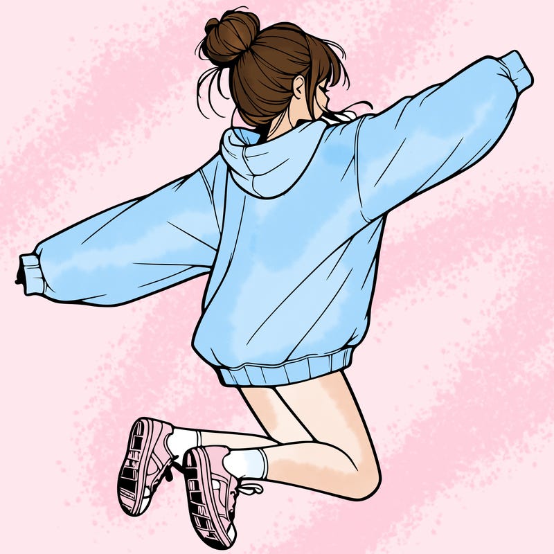 realistic girl jumping with a bun and oversized sweatshirt