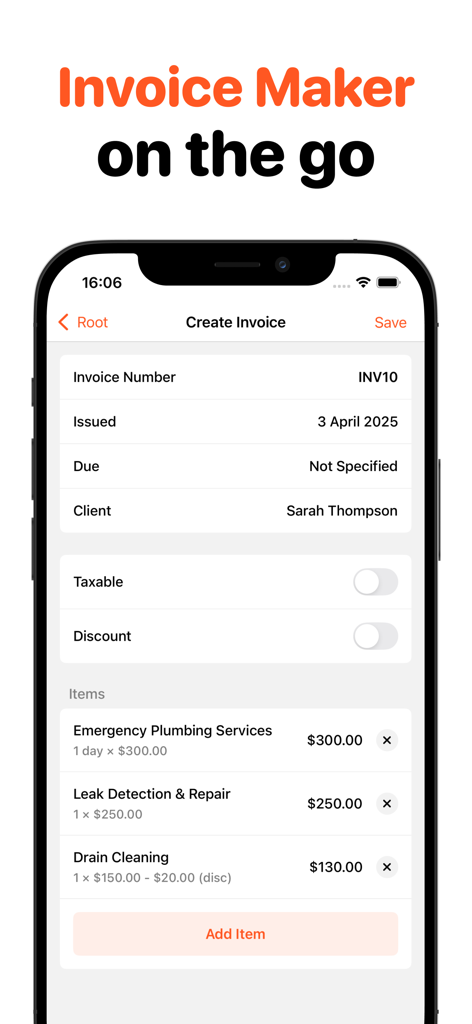 Easy Invoice Maker • Estimate - Easy Invoice Maker mobile app screen showing a new invoice with plumbing service items