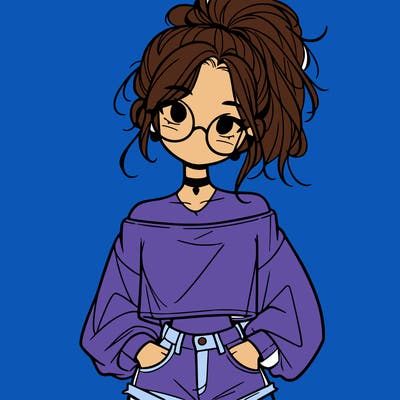 girl with a messy ponytail glasses a baggy crop top and jean shorts