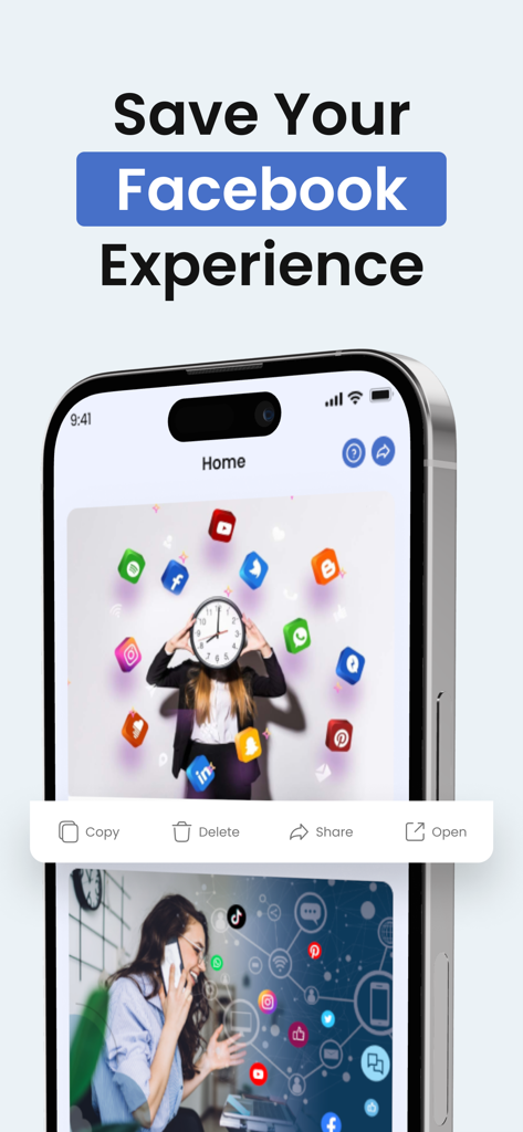 FSave Video, Story, Reel Saver - Smartphone mostrando a interface do aplicativo FSave com opções para copiar e salvar vídeos e reels do Facebook