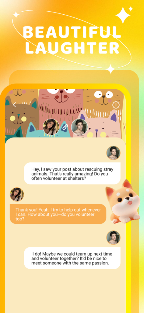 Inzo - Connect, Find, Enjoy - A mobile app screen showing a chat conversation between two users about volunteering for animal rescue.