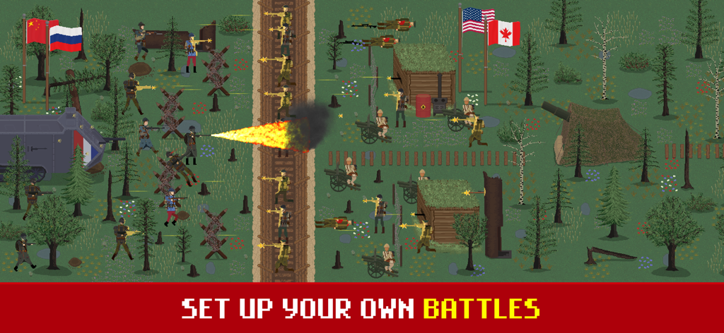 Trench Warfare WW1: Army War - Campo de batalla pixel art en modo sandbox que muestra batallas personalizadas con varios soldados y equipamiento militar