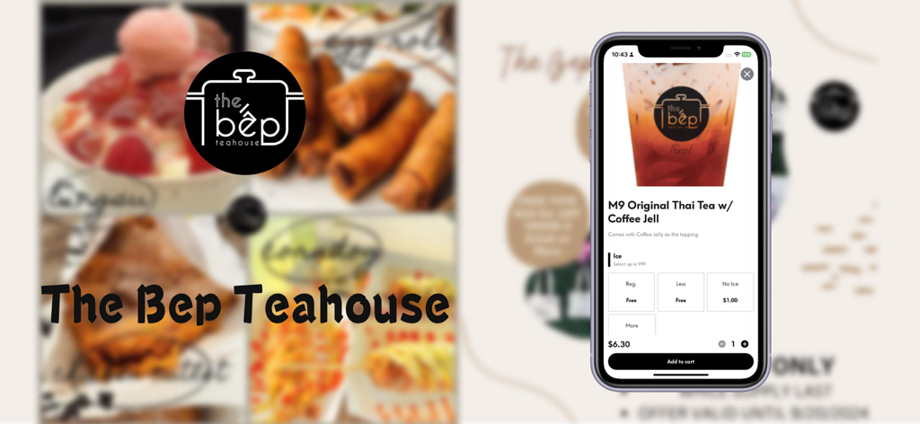 The Bep Teahouse - The Bep Teahouse mobile app interface showing a Thai tea ordering screen