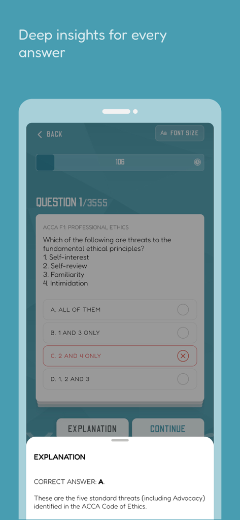 ACCA QUIZ: All-in-One - Pantalla de la app ACCA quiz que muestra una pregunta de ética profesional con una respuesta incorrecta seleccionada y una explicación detallada de la opción correcta.