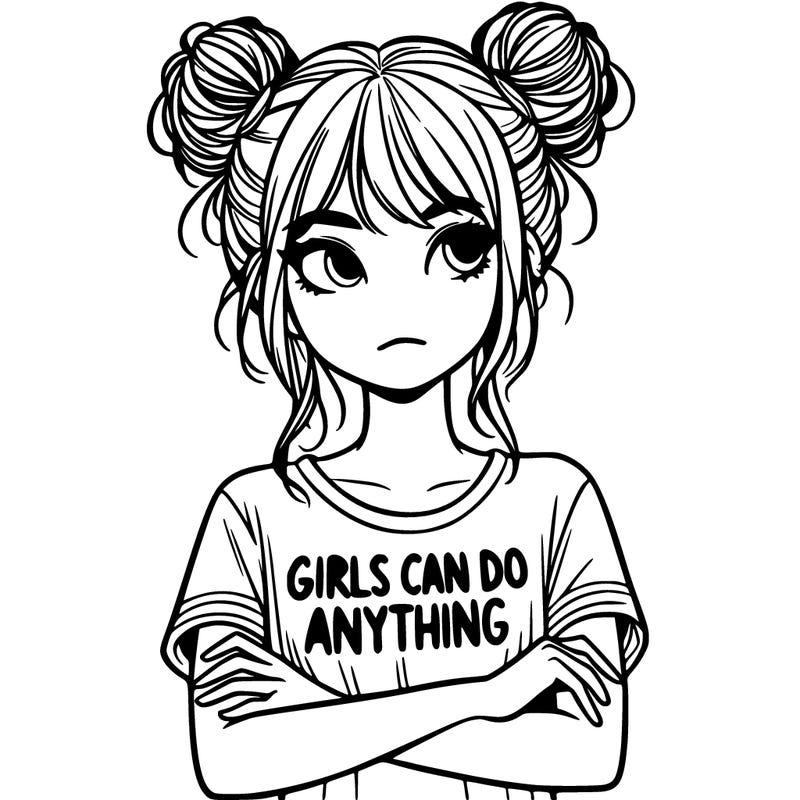 a young women crossing her arms with a shirt on that says girls can d♥️ any thing and her hair is in two buns on opposite sides of her head and two strands of hair out in the front of her face
